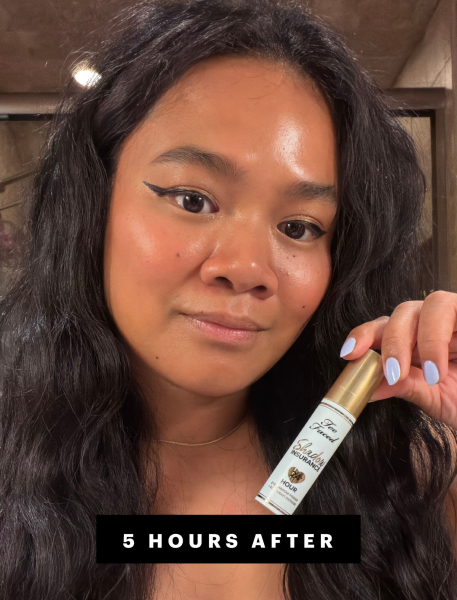 Calaor holding up Too Faced Shadow Insurance 24Hour Eyeshadow Primer five hours after application